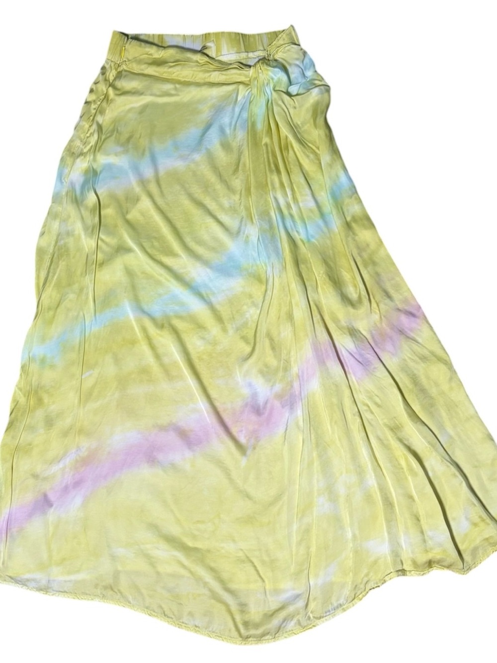 Tie-Dye Satin Maxi Skirt in Lemon with Pastel Accents